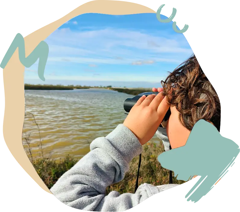 Un niño observa el estero con unos prismáticos