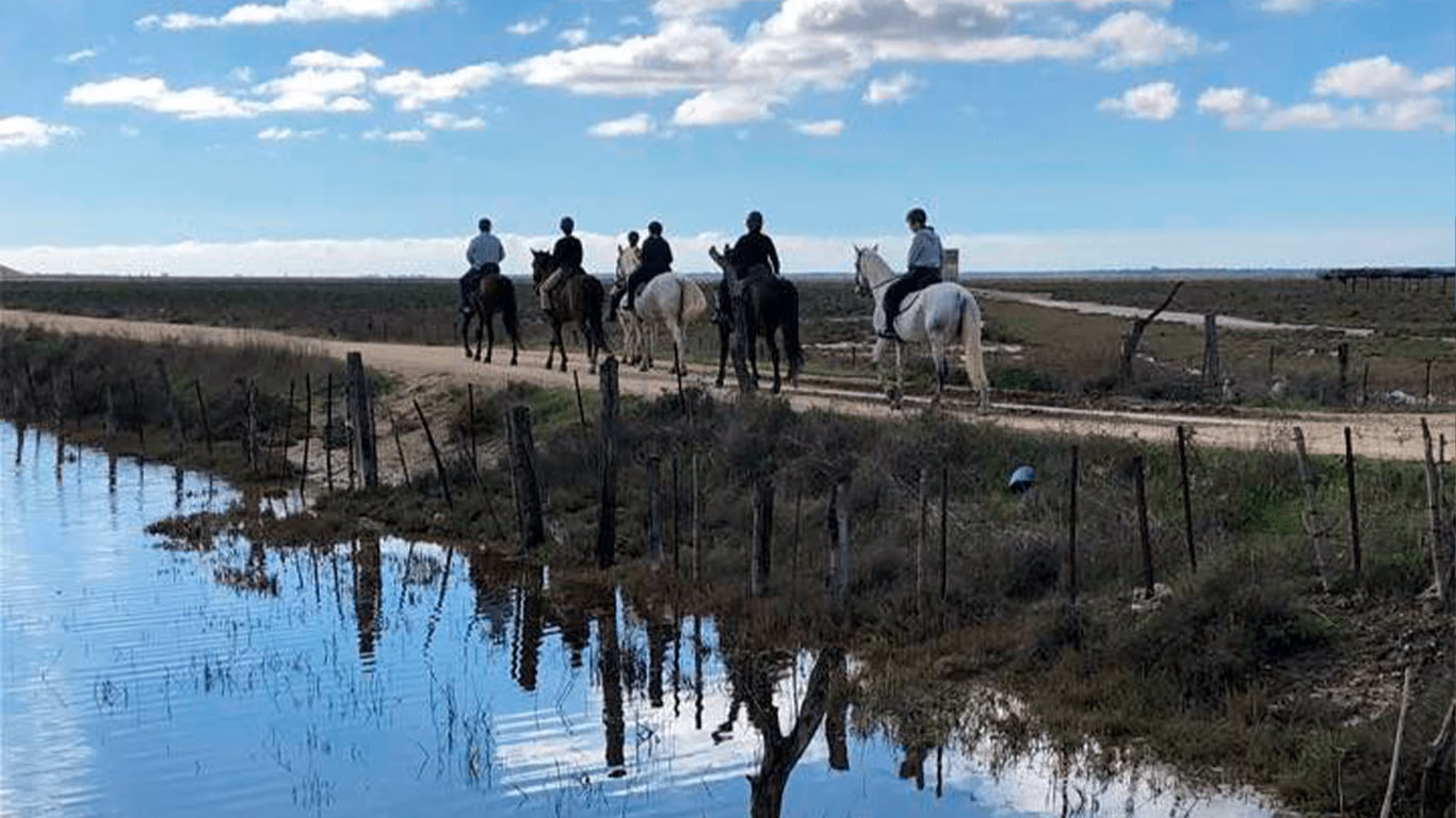Jinetes cabalgan junto a la marisma, reflejados en el agua