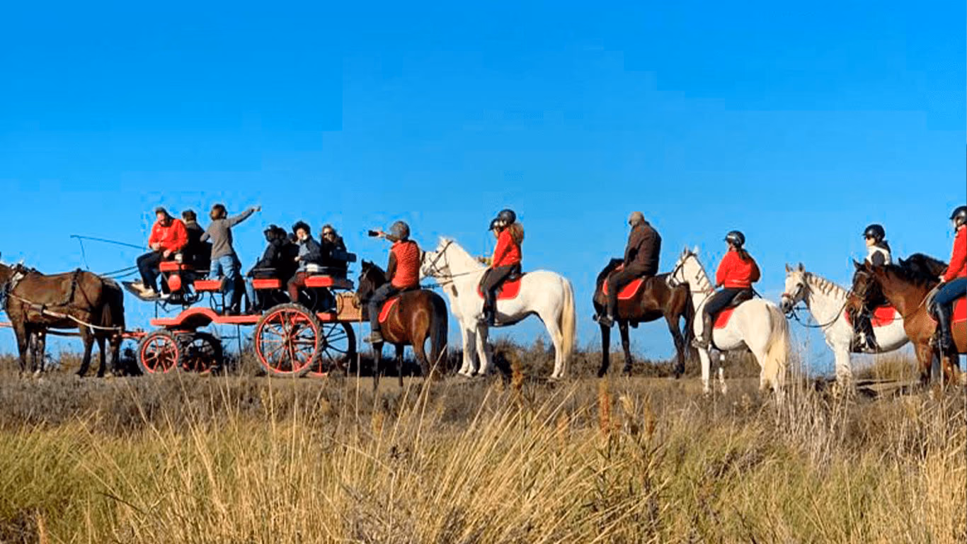 Un grupo de jinetes y un carruaje de caballos en la marisma