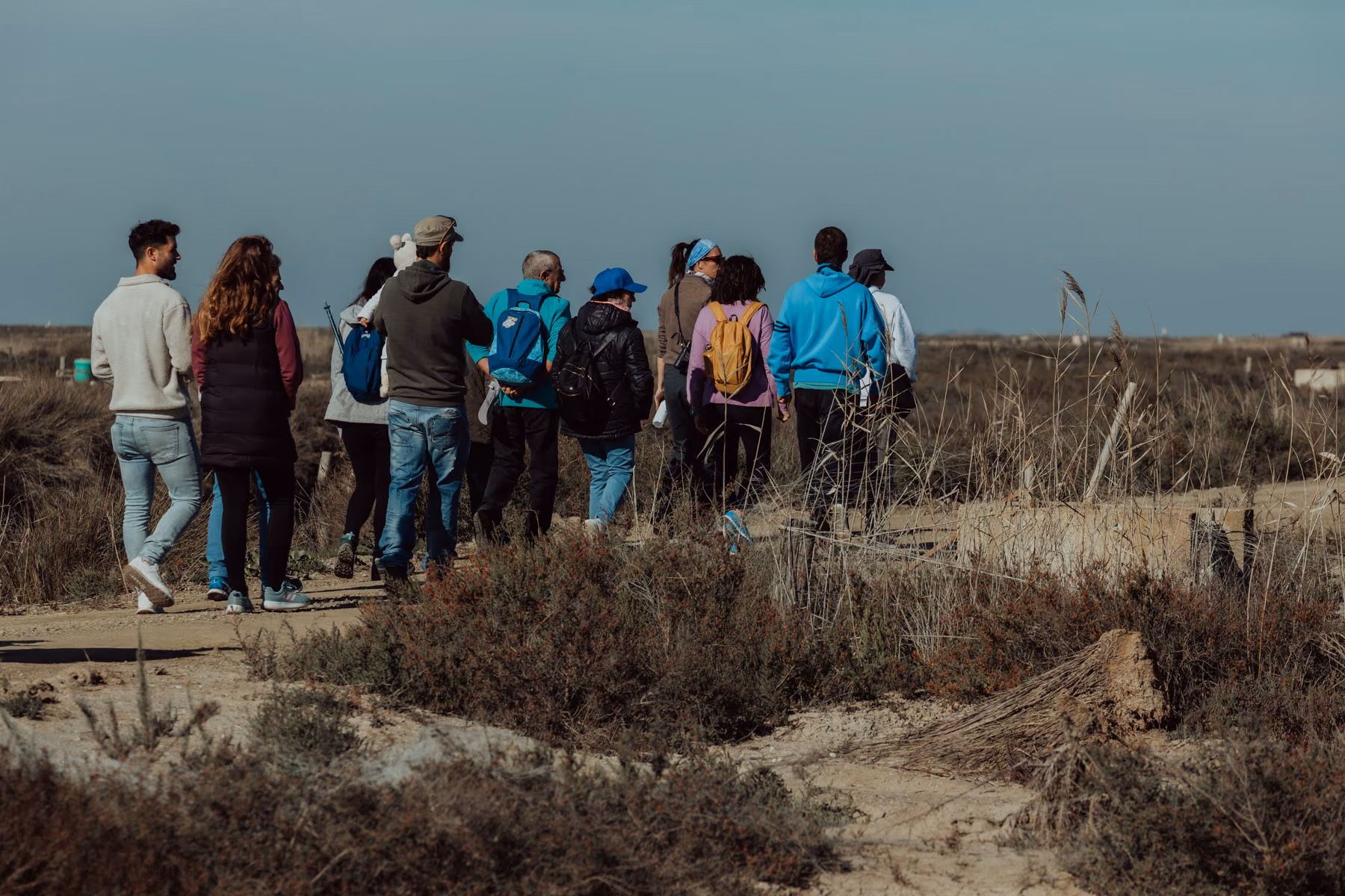 Un grupo de visitantes escucha a la guía entre la vegetación de la marisma